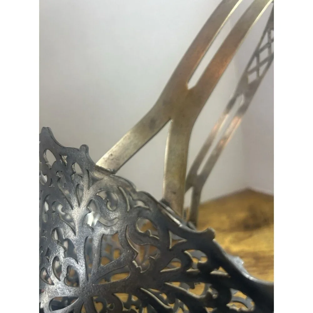 Antique Brides Flower Basket Silverplate 15” Tall Intricate Filigree Unique Mark